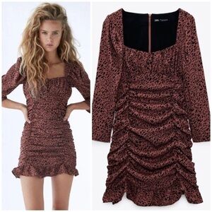 ZARA Leopard Print Mini Dress With Draping in Marsala
